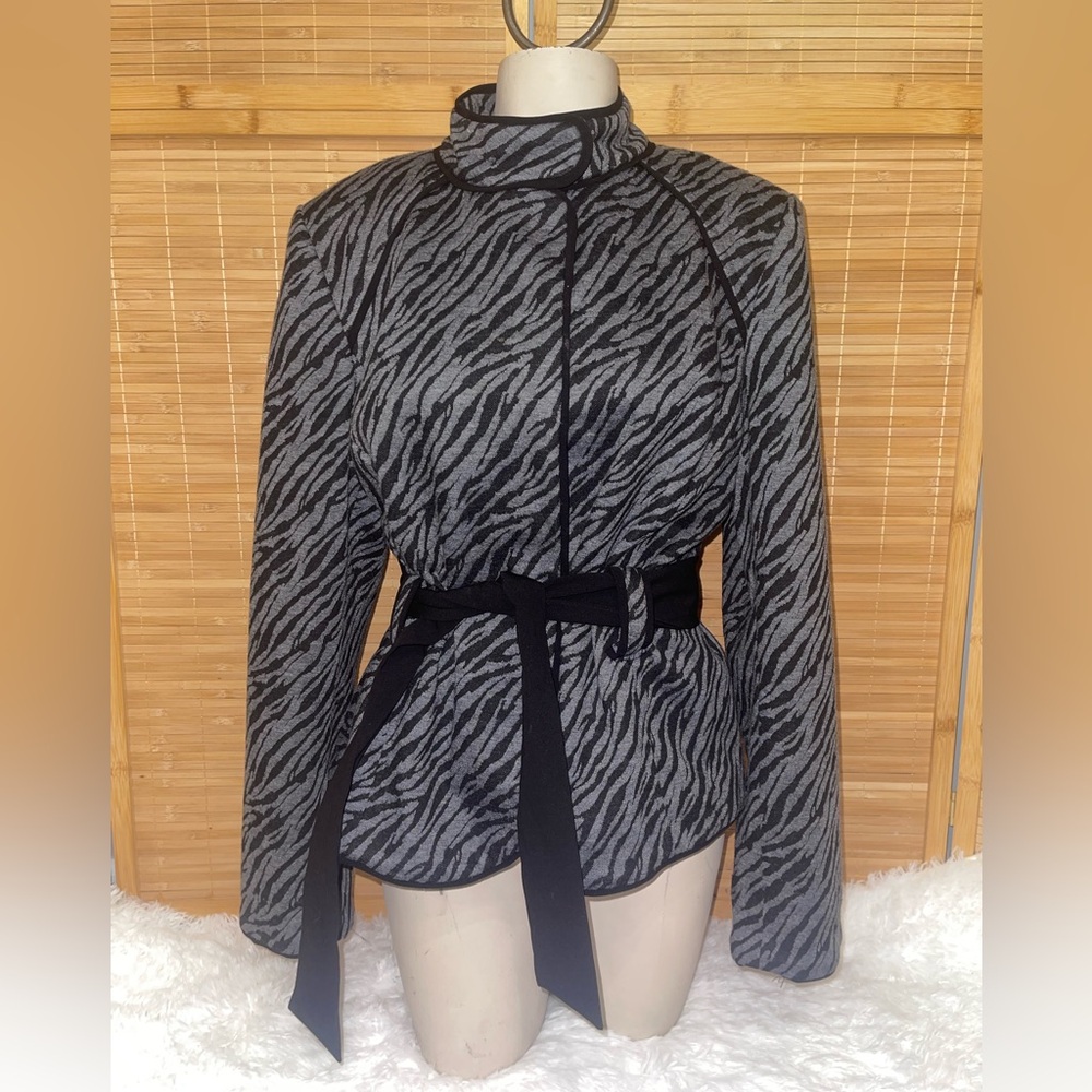 Sandro Sportswear gray black zebra print belted button jacket coat womans large